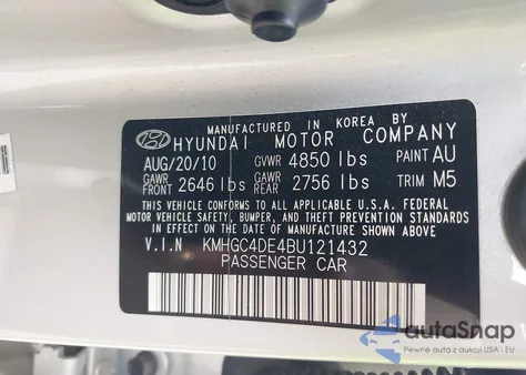 2011 Hyundai Genesis 3.8 from USA, damaged, VIN KMHGC4DE4BU121432